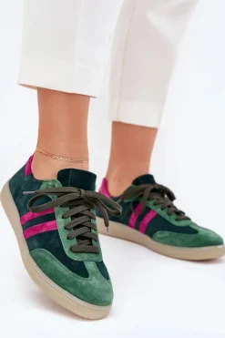 Best Zazoo N1068 Zamszowe Niskie Sneakersy Damskie Ciemnozielone Zielony