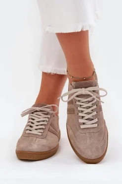 Clearance Zazoo N1068 Zamszowe Niskie Sneakersy Damskie Ciemnobeżowe Beżowy