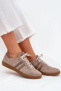 Clearance Zazoo N1068 Zamszowe Niskie Sneakersy Damskie Ciemnobeżowe Beżowy