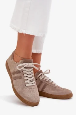 Clearance Zazoo N1068 Zamszowe Niskie Sneakersy Damskie Ciemnobeżowe Beżowy