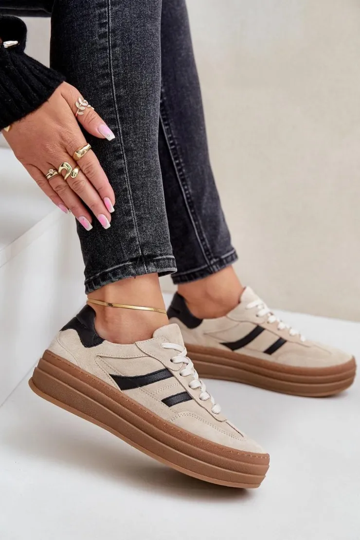 Damskie Zazoo N1176 Zamszowe Sneakersy Na Platformie Beżowe