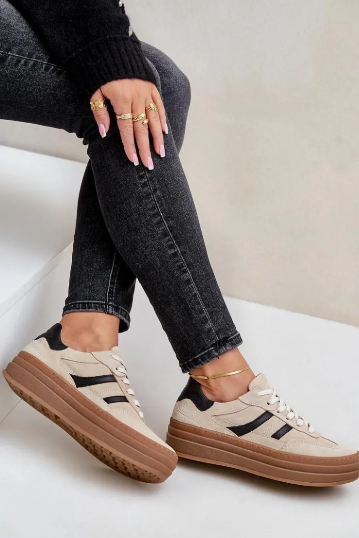 Damskie Zazoo N1176 Zamszowe Sneakersy Na Platformie Beżowe