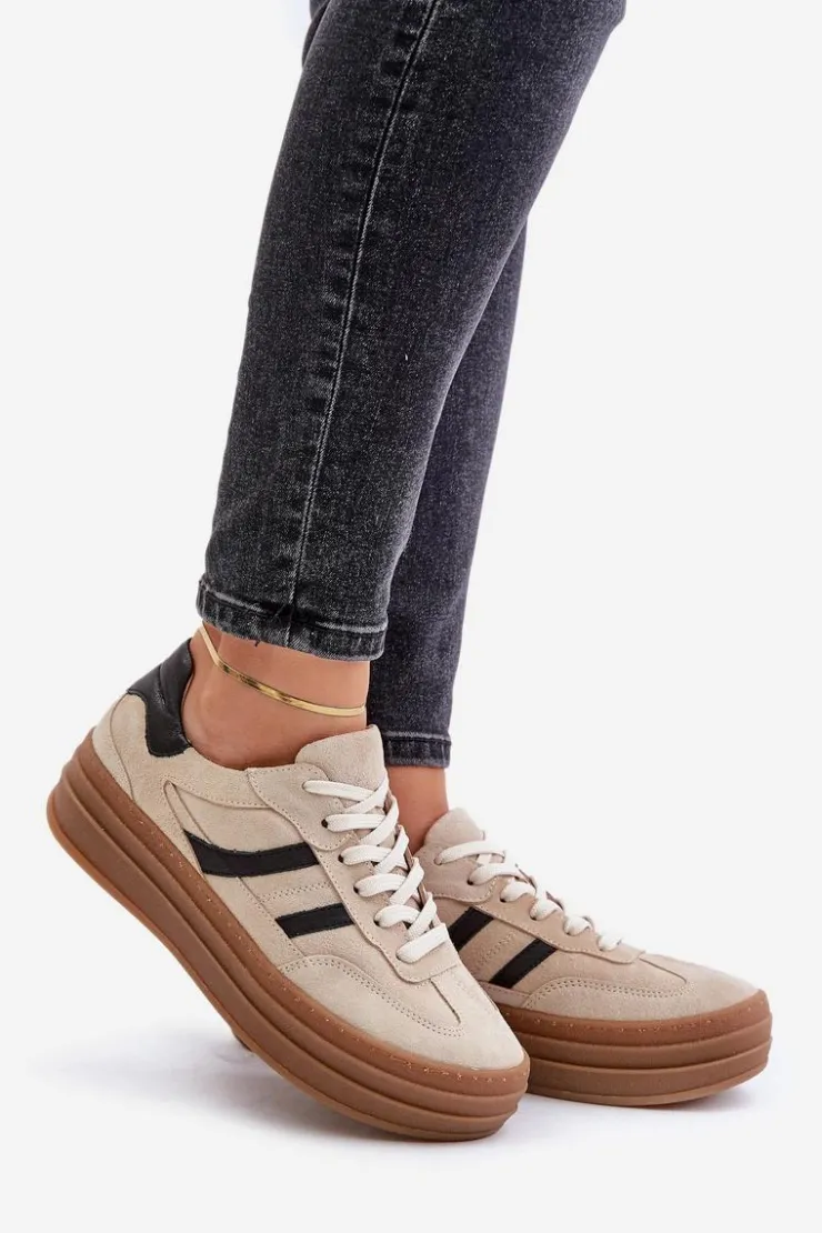 Damskie Zazoo N1176 Zamszowe Sneakersy Na Platformie Beżowe