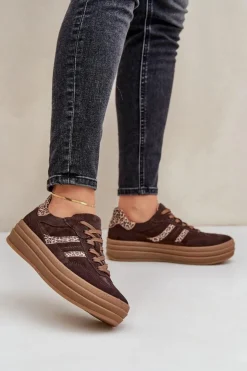 Hot Zazoo N1176 Zamszowe Sneakersy Na Platformie Panterka Czekoladowe Brązowy