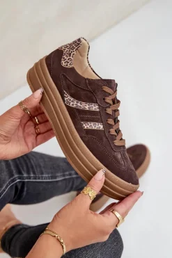 Hot Zazoo N1176 Zamszowe Sneakersy Na Platformie Panterka Czekoladowe Brązowy