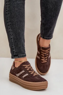 Hot Zazoo N1176 Zamszowe Sneakersy Na Platformie Panterka Czekoladowe Brązowy