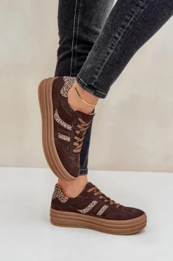 Hot Zazoo N1176 Zamszowe Sneakersy Na Platformie Panterka Czekoladowe Brązowy