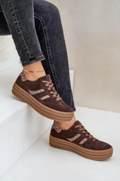 Hot Zazoo N1176 Zamszowe Sneakersy Na Platformie Panterka Czekoladowe Brązowy