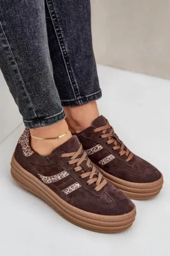Hot Zazoo N1176 Zamszowe Sneakersy Na Platformie Panterka Czekoladowe Brązowy
