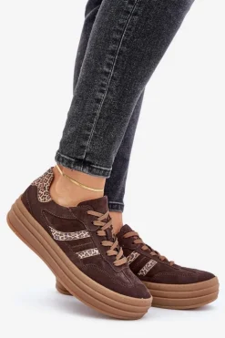 Hot Zazoo N1176 Zamszowe Sneakersy Na Platformie Panterka Czekoladowe Brązowy