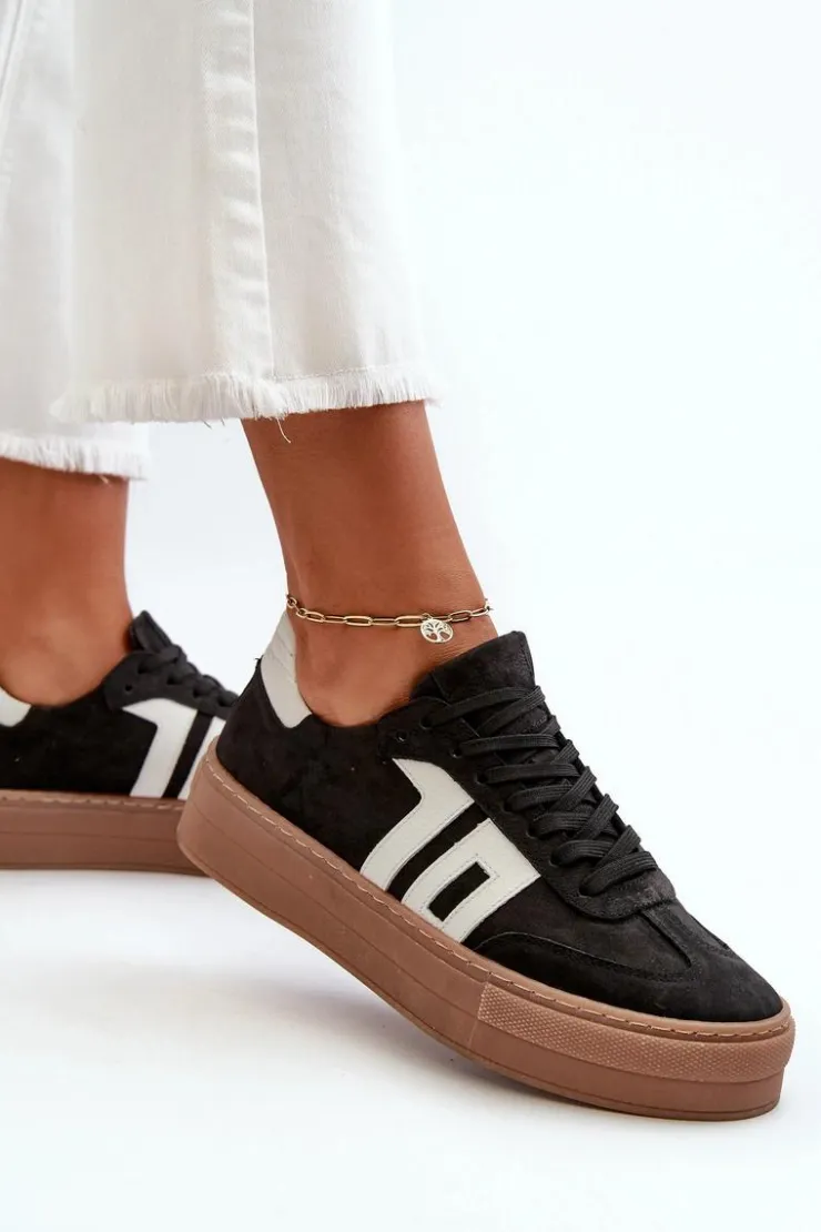 Discount Zazoo N1095S2 Sneakersy Skórzane Damskie Na Platformie Czarne