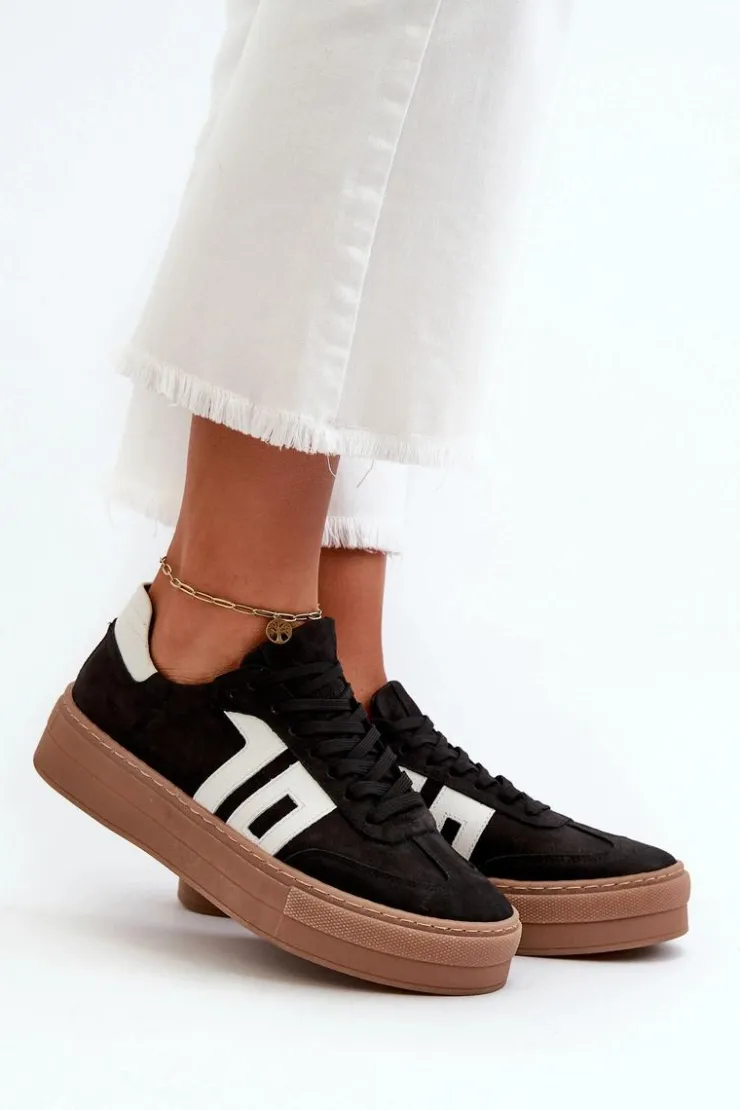 Discount Zazoo N1095S2 Sneakersy Skórzane Damskie Na Platformie Czarne