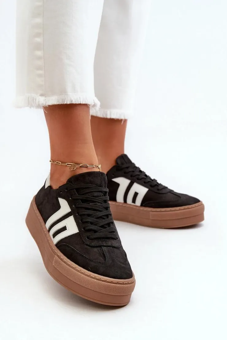 Discount Zazoo N1095S2 Sneakersy Skórzane Damskie Na Platformie Czarne