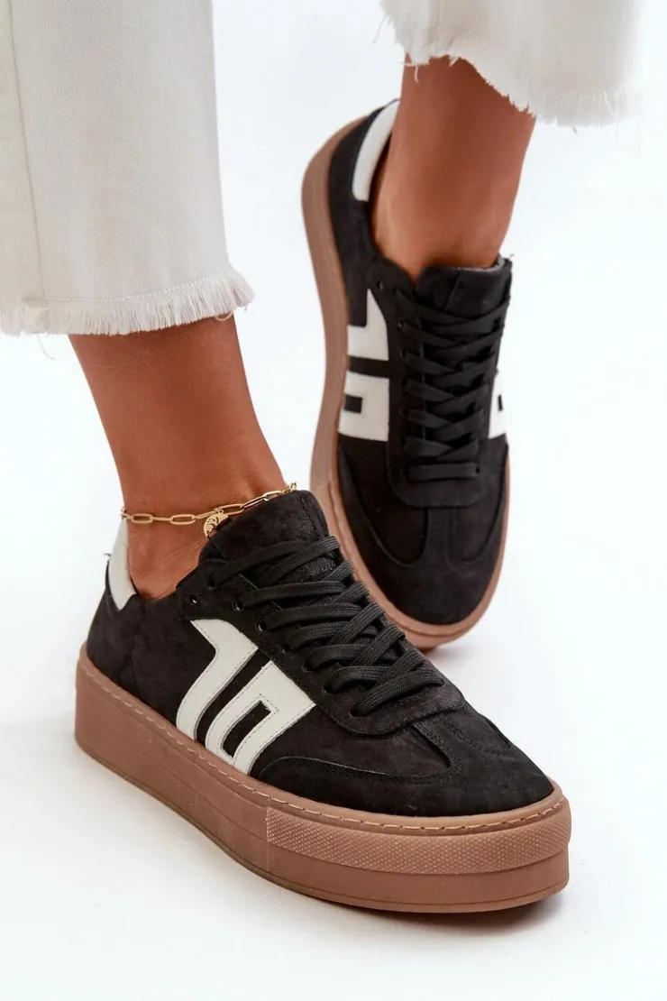 Discount Zazoo N1095S2 Sneakersy Skórzane Damskie Na Platformie Czarne