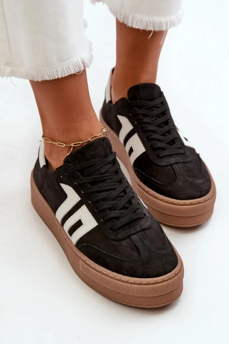 Discount Zazoo N1095S2 Sneakersy Skórzane Damskie Na Platformie Czarne