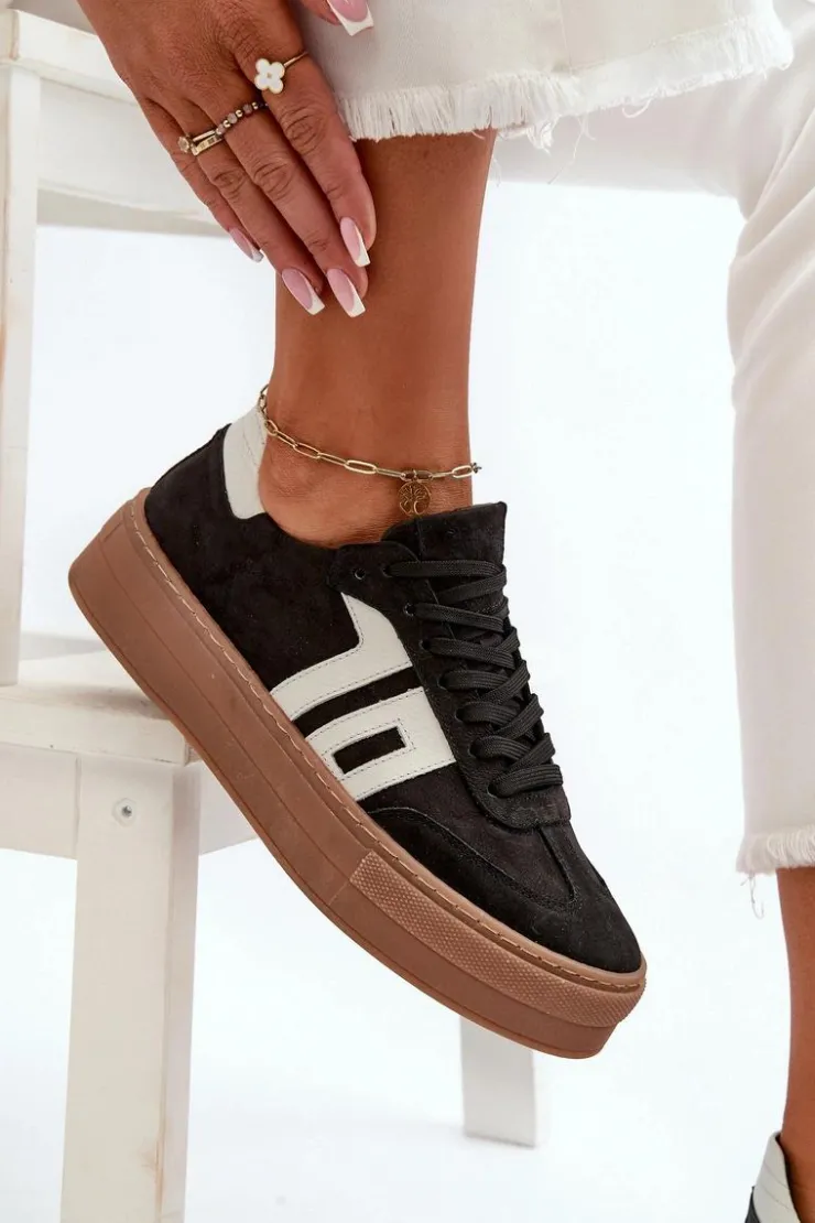 Discount Zazoo N1095S2 Sneakersy Skórzane Damskie Na Platformie Czarne