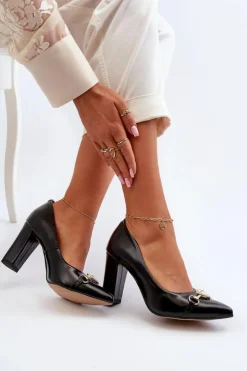 Best Zazoo 2453/OS Skórzane Czółenka Na Słupku Z Sercem Czarne Czarny