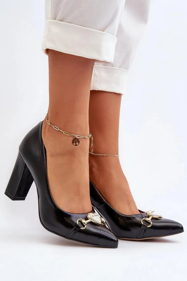 Best Zazoo 2453/OS Skórzane Czółenka Na Słupku Z Sercem Czarne Czarny