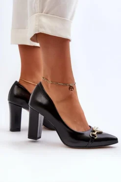 Best Zazoo 2453/OS Skórzane Czółenka Na Słupku Z Sercem Czarne Czarny