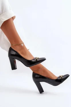 Best Zazoo 2453/OS Skórzane Czółenka Na Słupku Z Sercem Czarne Czarny