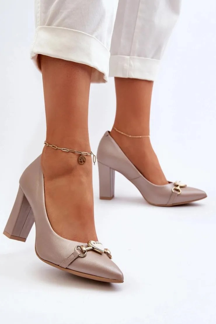 Zazoo Czółenka Na Słupku|Czółenka Klasyczne*2453/OS Skórzane Czółenka Na Słupku Z Sercem Perłowe Różowy