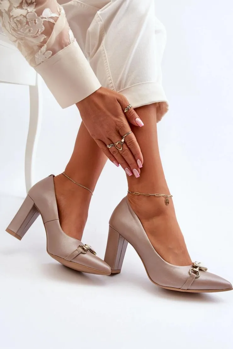 Zazoo Czółenka Na Słupku|Czółenka Klasyczne*2453/OS Skórzane Czółenka Na Słupku Z Sercem Perłowe Różowy