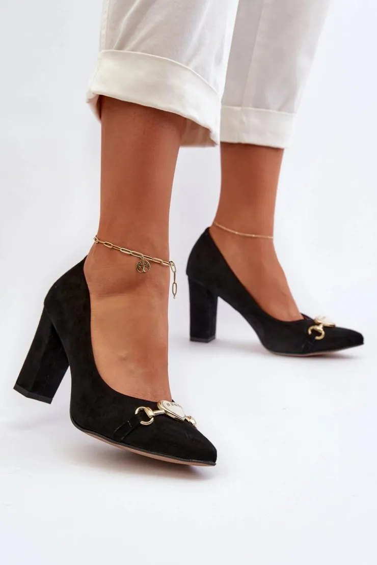 Damskie Zazoo 2453/OS Zamszowe Czółenka Na Słupku Z Sercem Czarne