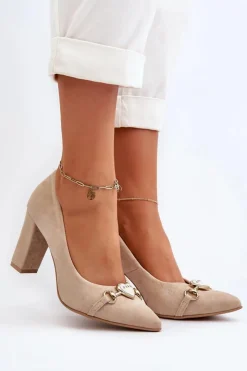 Zazoo Czółenka Na Słupku|Czółenka Klasyczne*2453/OS Zamszowe Czółenka Na Słupku Z Sercem Cappuccino Beżowy