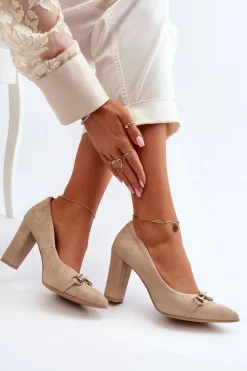 Zazoo Czółenka Na Słupku|Czółenka Klasyczne*2453/OS Zamszowe Czółenka Na Słupku Z Sercem Cappuccino Beżowy