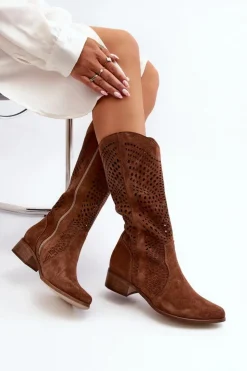 Zazoo Kozaki Wiosenne|Kozaki Ażurowe*3305/P Zamszowe Kozaki Do Połowy Łydki Ażurowe Brązowe