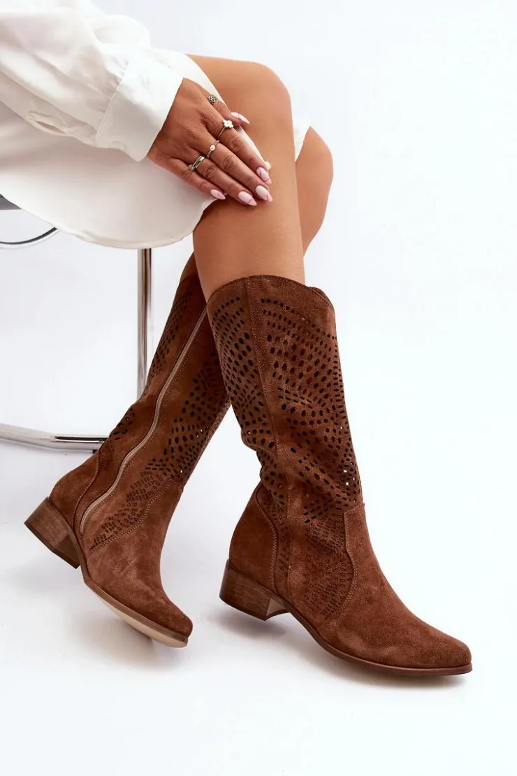 Zazoo Kozaki Wiosenne|Kozaki Ażurowe*3305/P Zamszowe Kozaki Do Połowy Łydki Ażurowe Brązowe