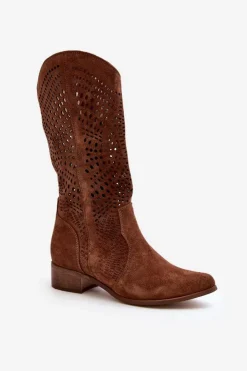 Zazoo Kozaki Wiosenne|Kozaki Ażurowe*3305/P Zamszowe Kozaki Do Połowy Łydki Ażurowe Brązowe