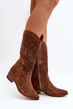 Zazoo Kozaki Wiosenne|Kozaki Ażurowe*3305/P Zamszowe Kozaki Do Połowy Łydki Ażurowe Brązowe