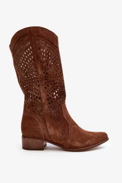 Zazoo Kozaki Wiosenne|Kozaki Ażurowe*3305/P Zamszowe Kozaki Do Połowy Łydki Ażurowe Brązowe