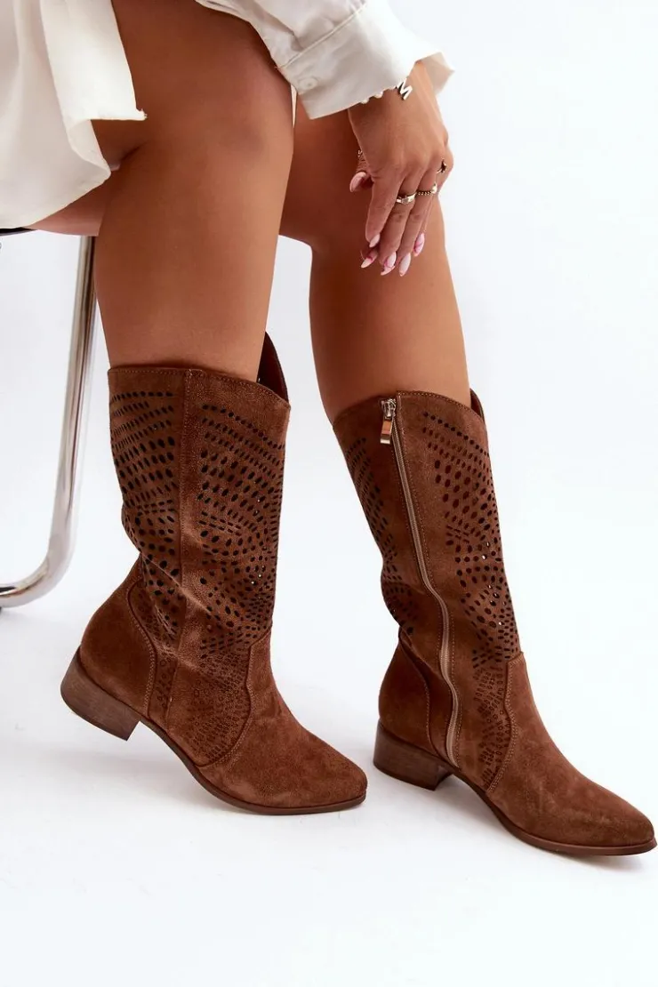Zazoo Kozaki Wiosenne|Kozaki Ażurowe*3305/P Zamszowe Kozaki Do Połowy Łydki Ażurowe Brązowe