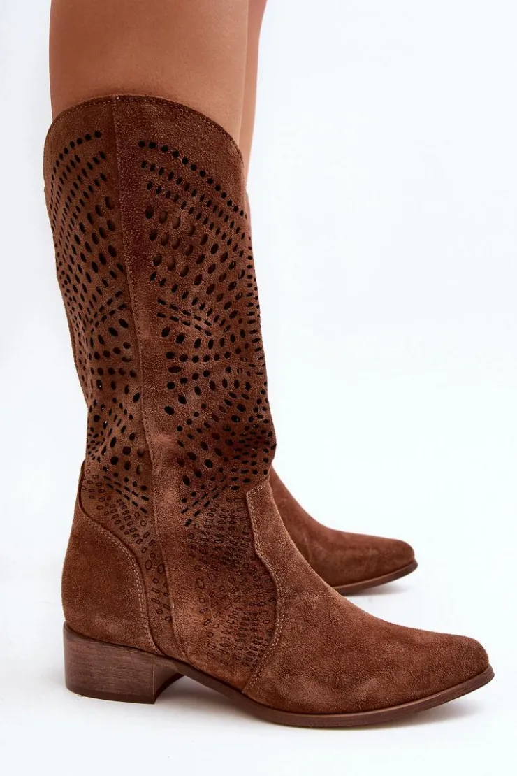 Zazoo Kozaki Wiosenne|Kozaki Ażurowe*3305/P Zamszowe Kozaki Do Połowy Łydki Ażurowe Brązowe