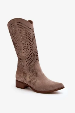 Sale Zazoo 3305/P Zamszowe Kozaki Do Połowy Łydki Ażurowe Cappucino