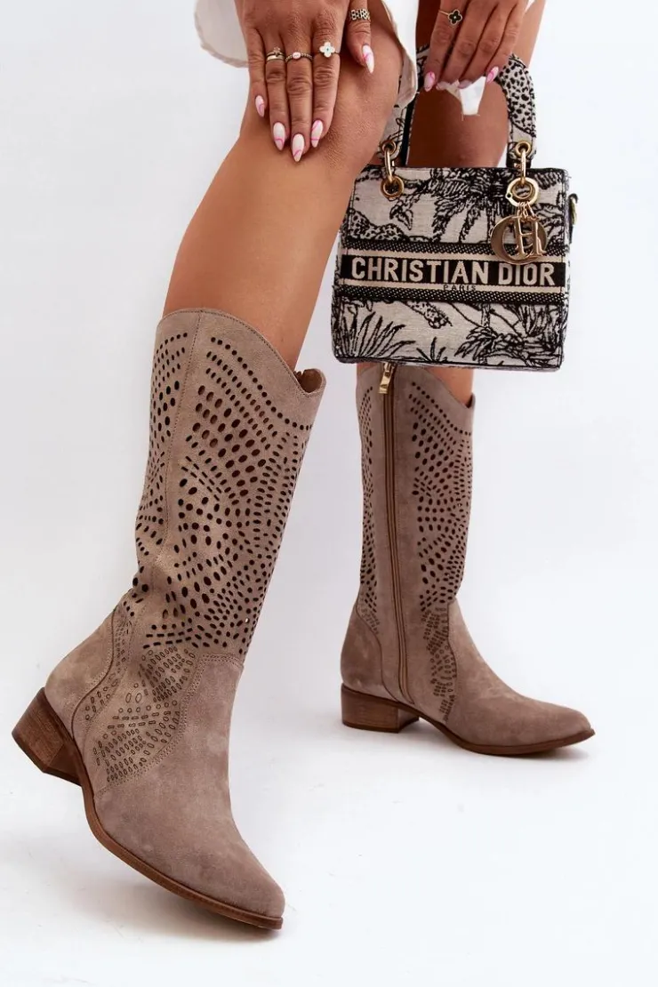 Sale Zazoo 3305/P Zamszowe Kozaki Do Połowy Łydki Ażurowe Cappucino