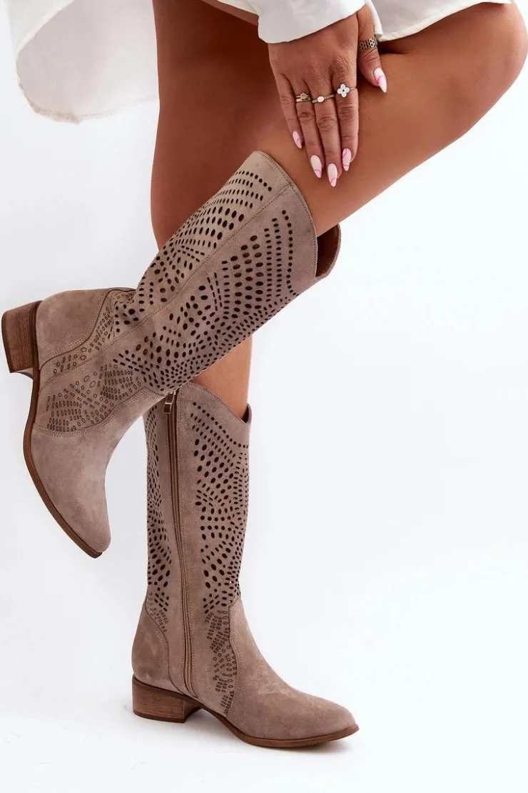 Sale Zazoo 3305/P Zamszowe Kozaki Do Połowy Łydki Ażurowe Cappucino