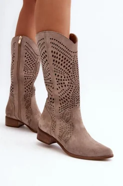 Sale Zazoo 3305/P Zamszowe Kozaki Do Połowy Łydki Ażurowe Cappucino