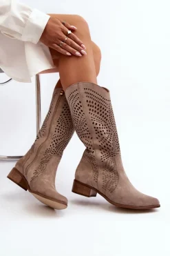 Sale Zazoo 3305/P Zamszowe Kozaki Do Połowy Łydki Ażurowe Cappucino