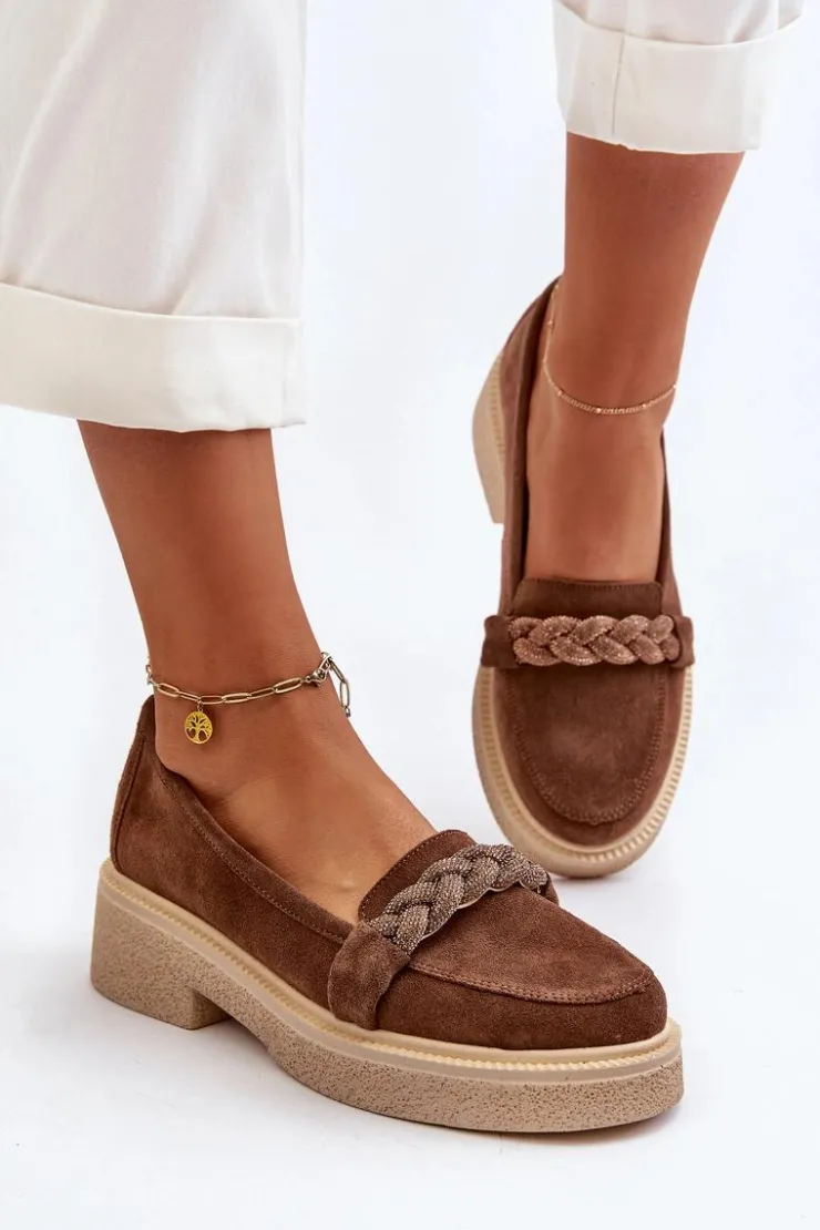Zazoo Loafersy Damskie|Mokasyny Płaskie*3429/W Damskie Zamszowe Mokasyny Z Ozdobą Brązowe Brązowy