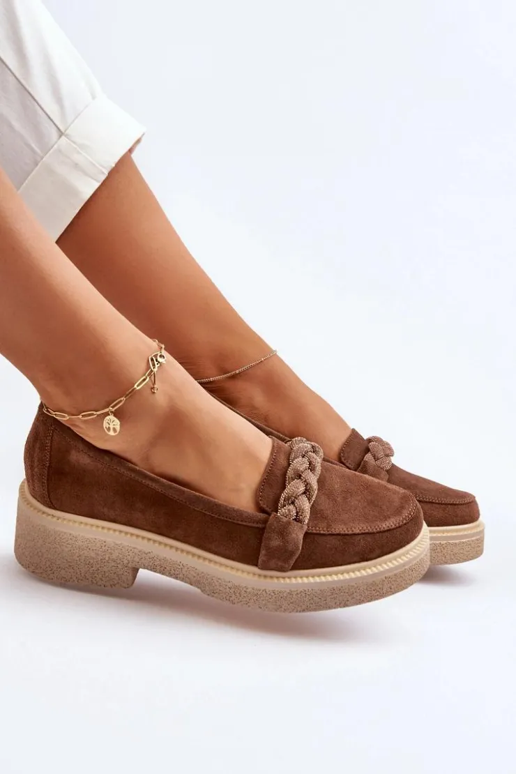 Zazoo Loafersy Damskie|Mokasyny Płaskie*3429/W Damskie Zamszowe Mokasyny Z Ozdobą Brązowe Brązowy