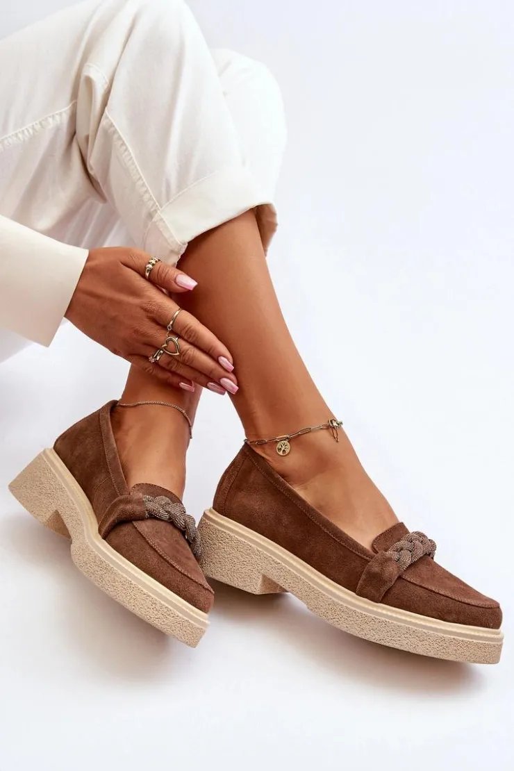Zazoo Loafersy Damskie|Mokasyny Płaskie*3429/W Damskie Zamszowe Mokasyny Z Ozdobą Brązowe Brązowy