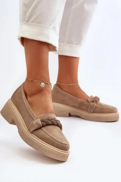 Zazoo Loafersy Damskie|Mokasyny Płaskie*3429/W Damskie Zamszowe Mokasyny Z Ozdobą Beżowe Beżowy