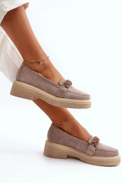 Zazoo 3429/W Damskie Zamszowe Mokasyny Z Ozdobą Cappuccino Beżowy