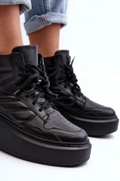 Discount Zazoo 3392/X Damskie Skórzane Buty Sportowe Na Platformie Czarne Czarny
