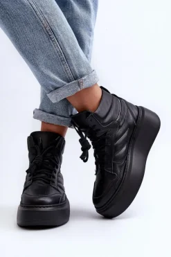 Discount Zazoo 3392/X Damskie Skórzane Buty Sportowe Na Platformie Czarne Czarny