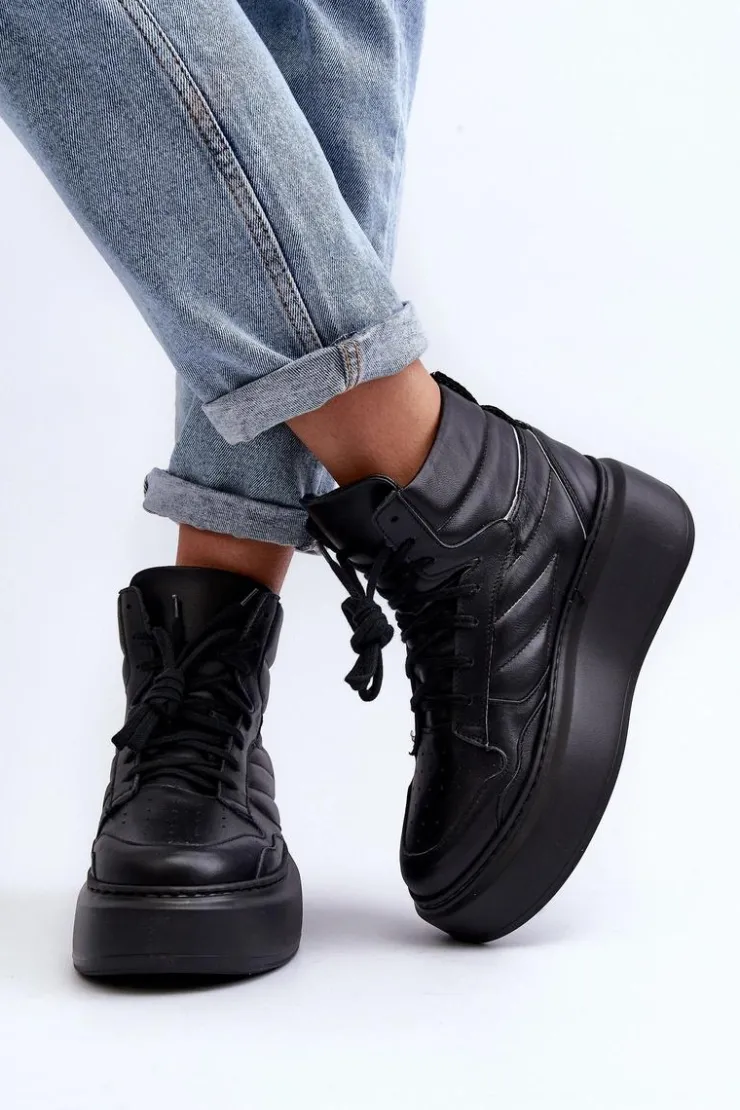 Discount Zazoo 3392/X Damskie Skórzane Buty Sportowe Na Platformie Czarne Czarny