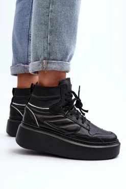 Discount Zazoo 3392/X Damskie Skórzane Buty Sportowe Na Platformie Czarne Czarny